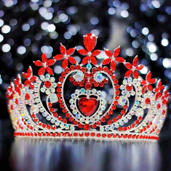 Crystal heart tiara, silver crystal tiara, red stone tiara, Bridal headpiece